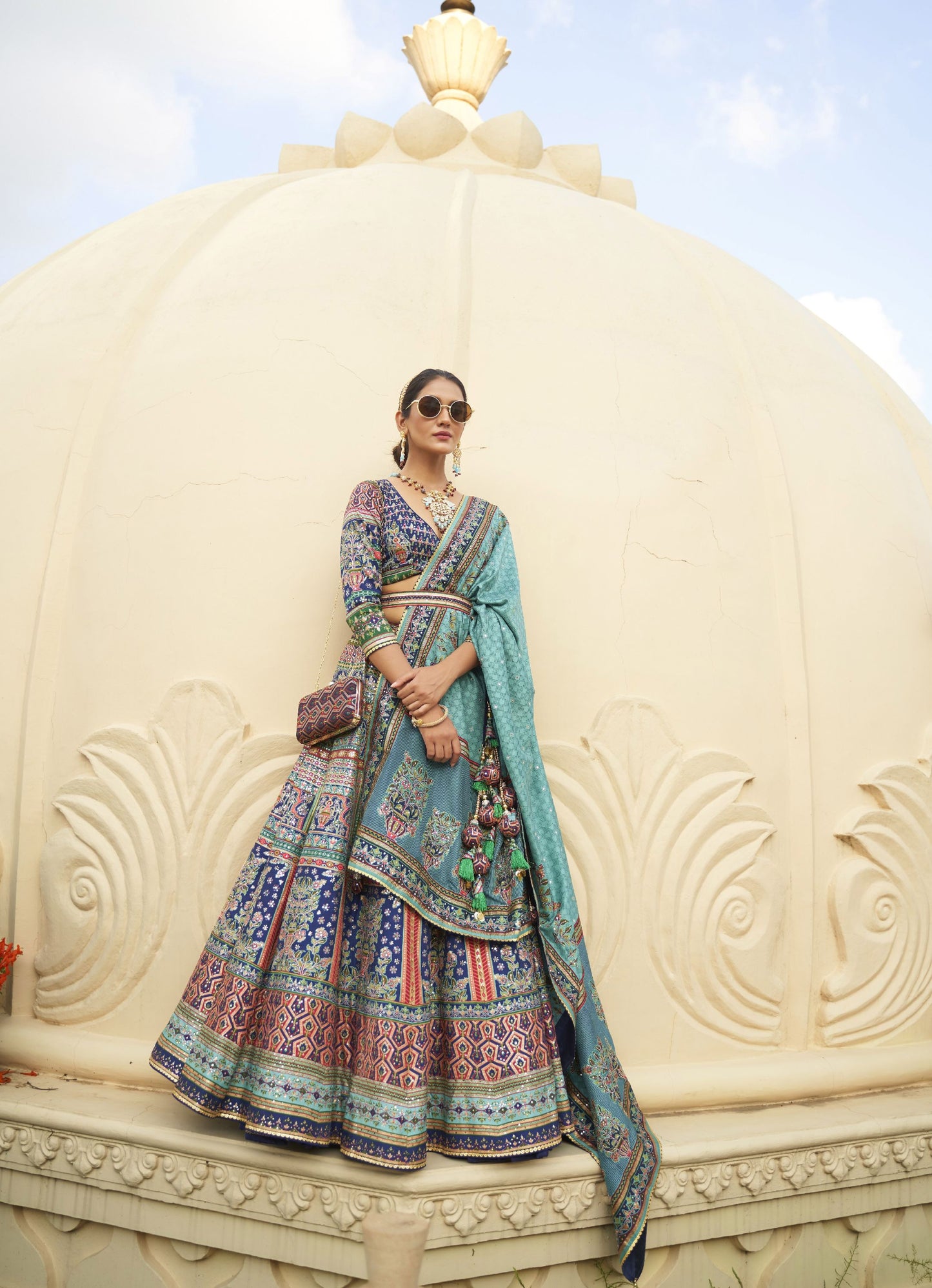 Elegant Blue Color Mirror Embroidery Silk Bridal Lehenga