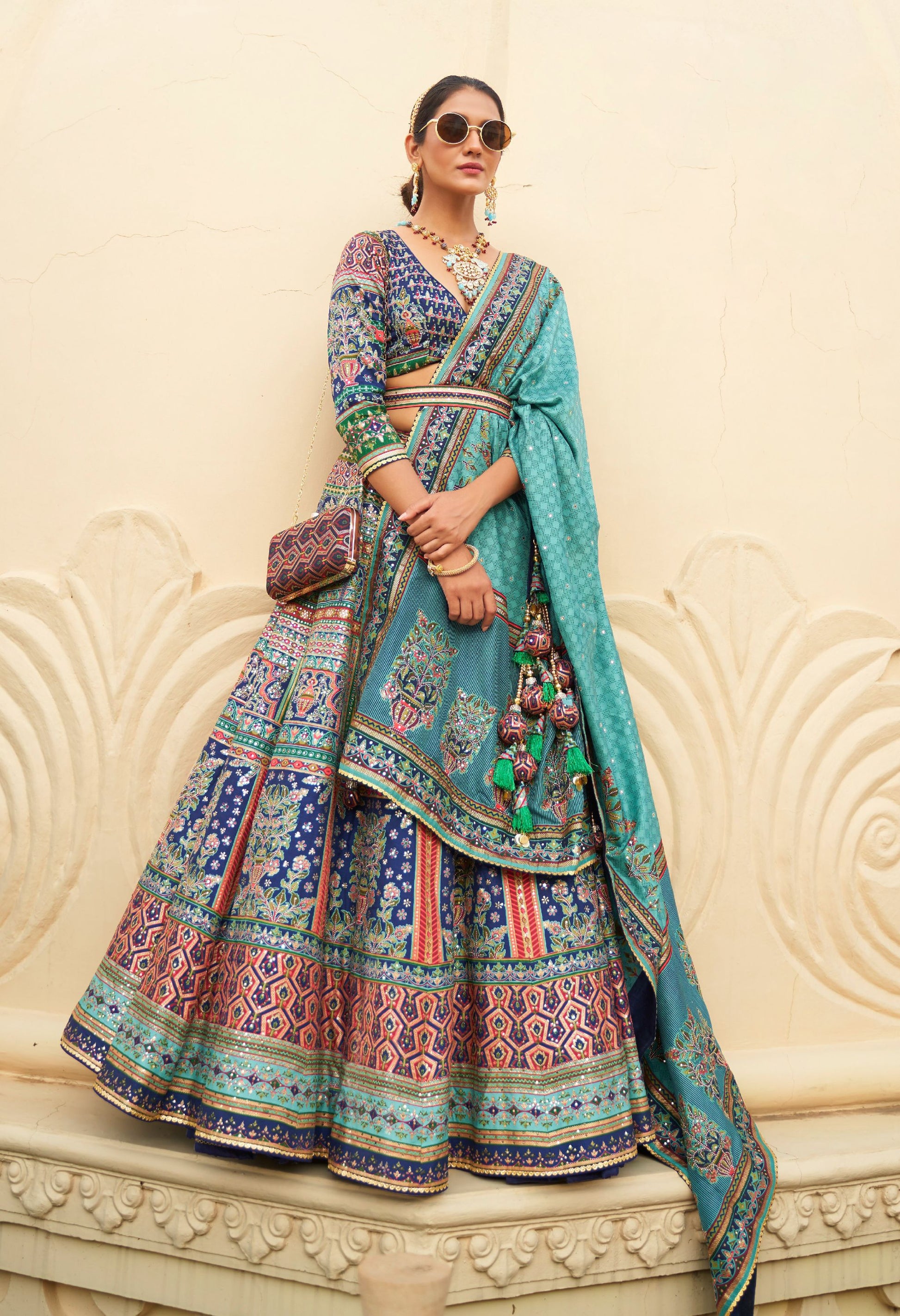 Elegant Blue Color Mirror Embroidery Silk Bridal Lehenga