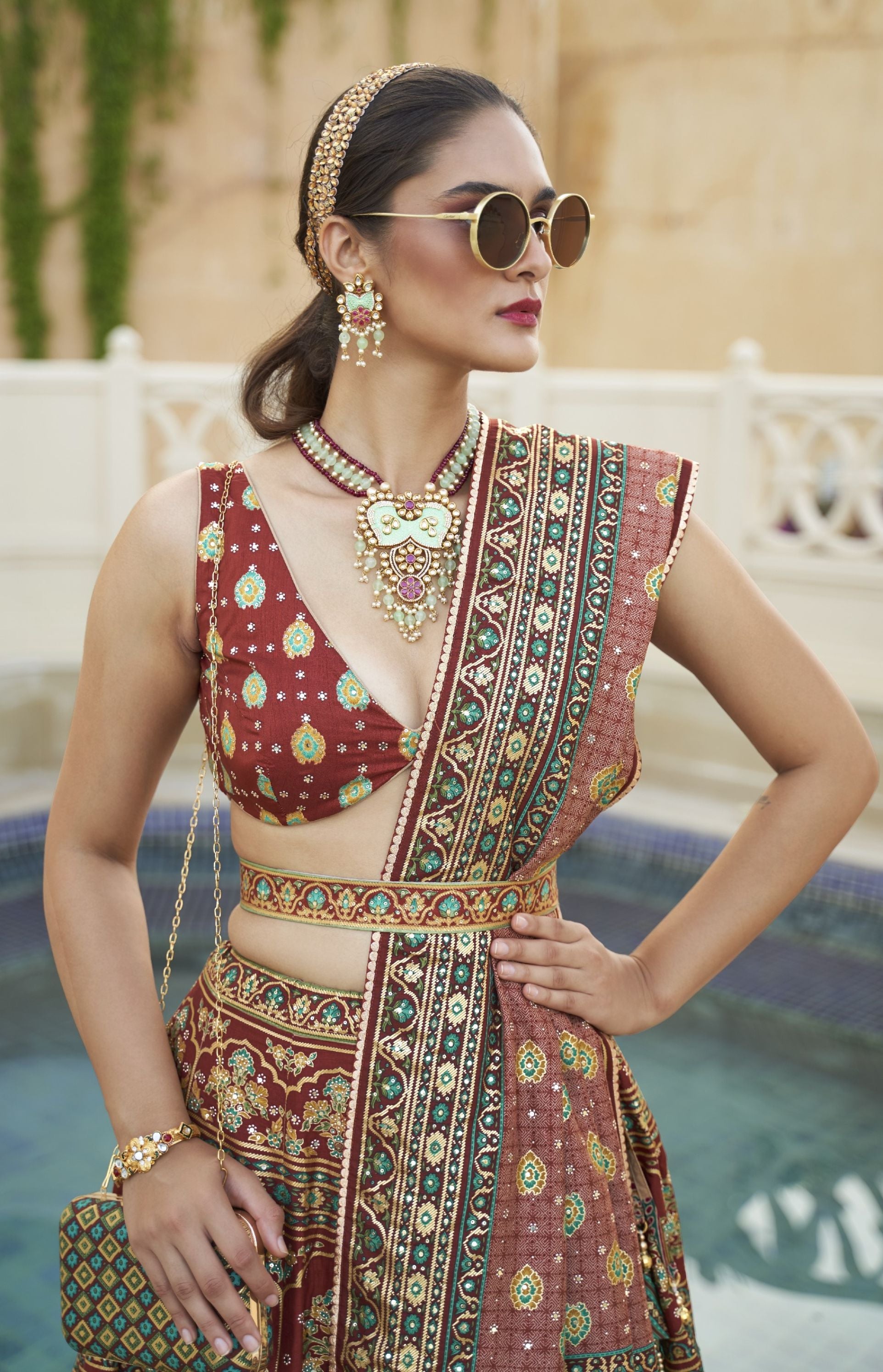 Brown and Gold Mirror Embroidery Silk Bridal Lehenga