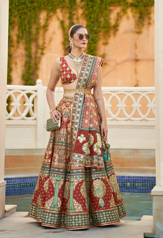 Brown and Gold Mirror Embroidery Silk Bridal Lehenga