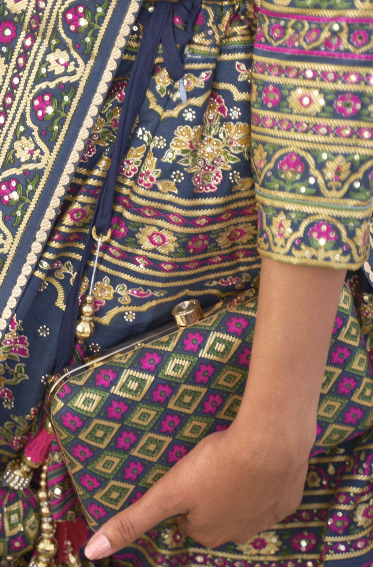 Navy Blue and Gold Mirror Embroidery Silk Bridal Lehenga