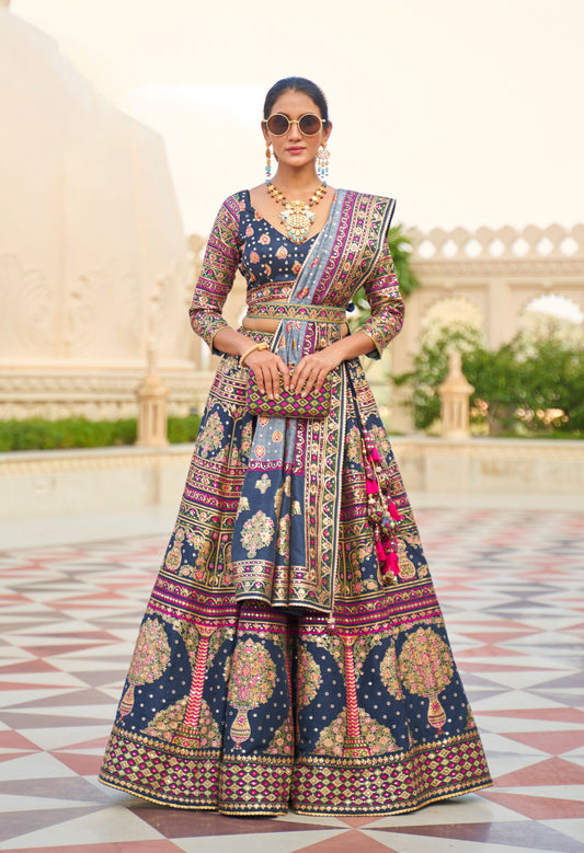 Navy Blue and Gold Mirror Embroidery Silk Bridal Lehenga