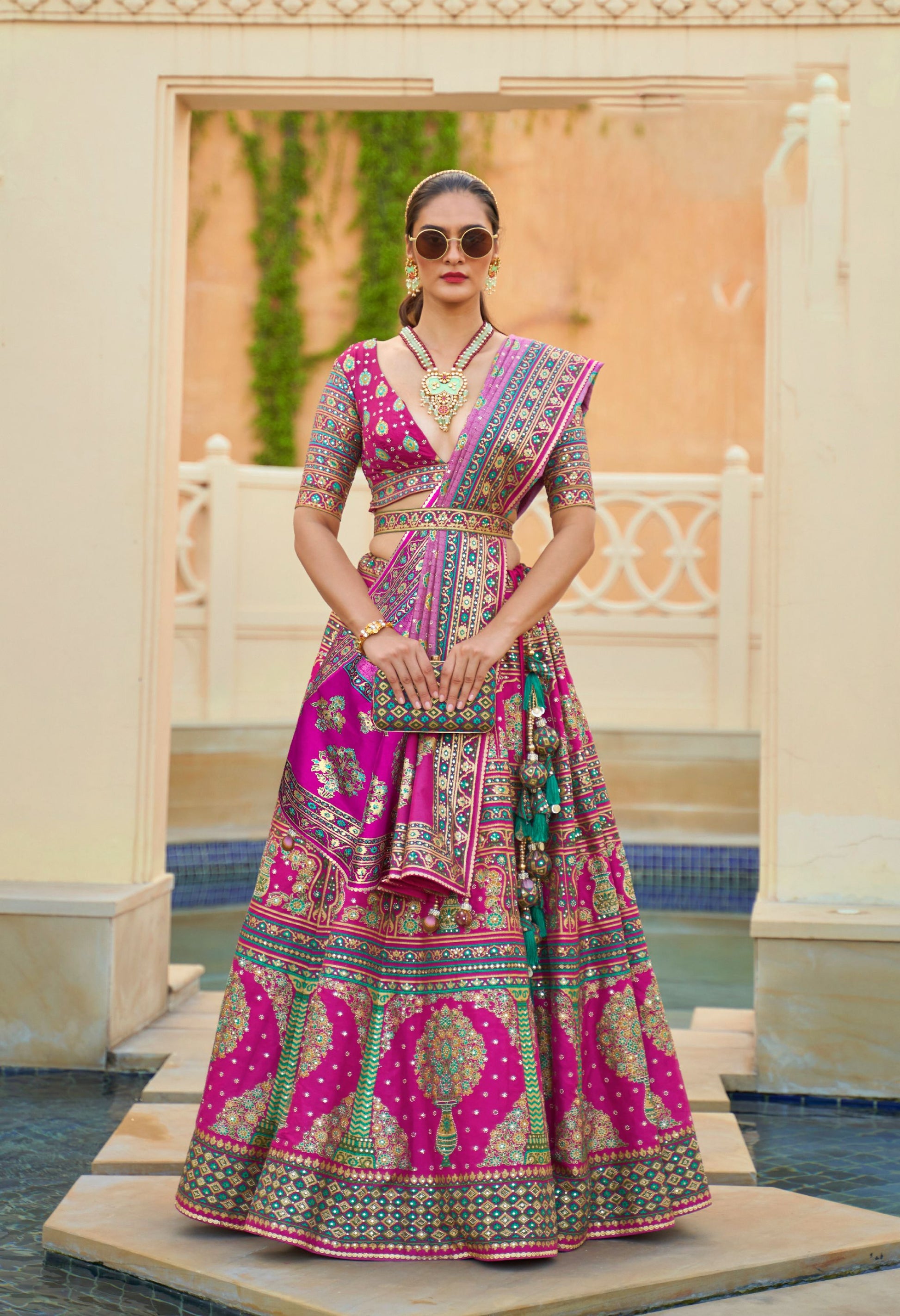 Dark Pink Mirror Embroidery Silk Bridal Lehenga