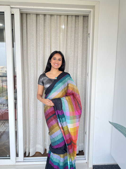 Aanchal - 1 minute Ready-to-wear saree in Black with multicolor in Mul cotton fabric