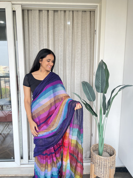 Aanchal - Saree (Unstitched) in Blue with multicolor in Mul cotton fabric