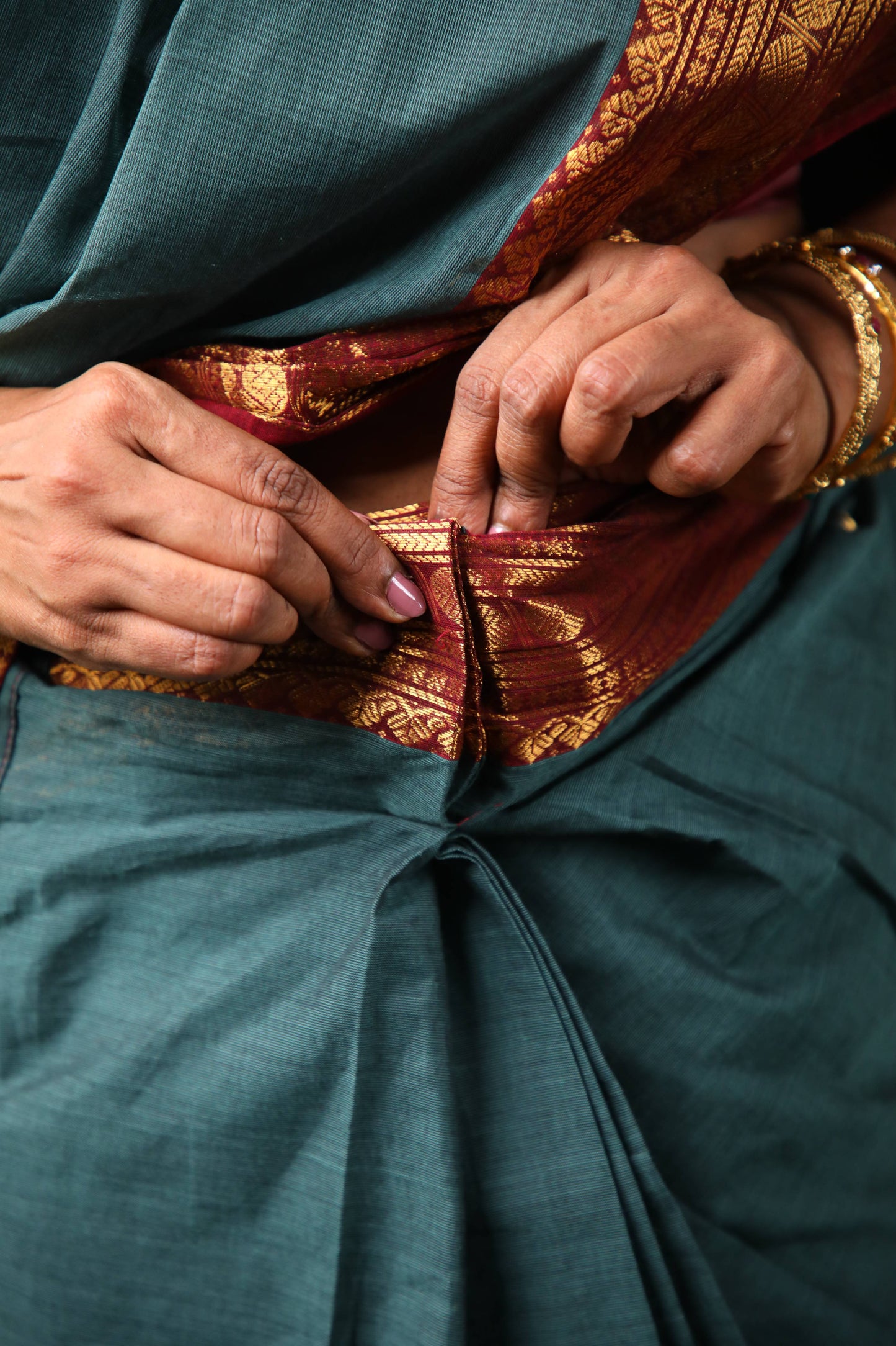 Varnam - 1 minute Ready-to-wear saree in Teal color in Kanchi Cotton