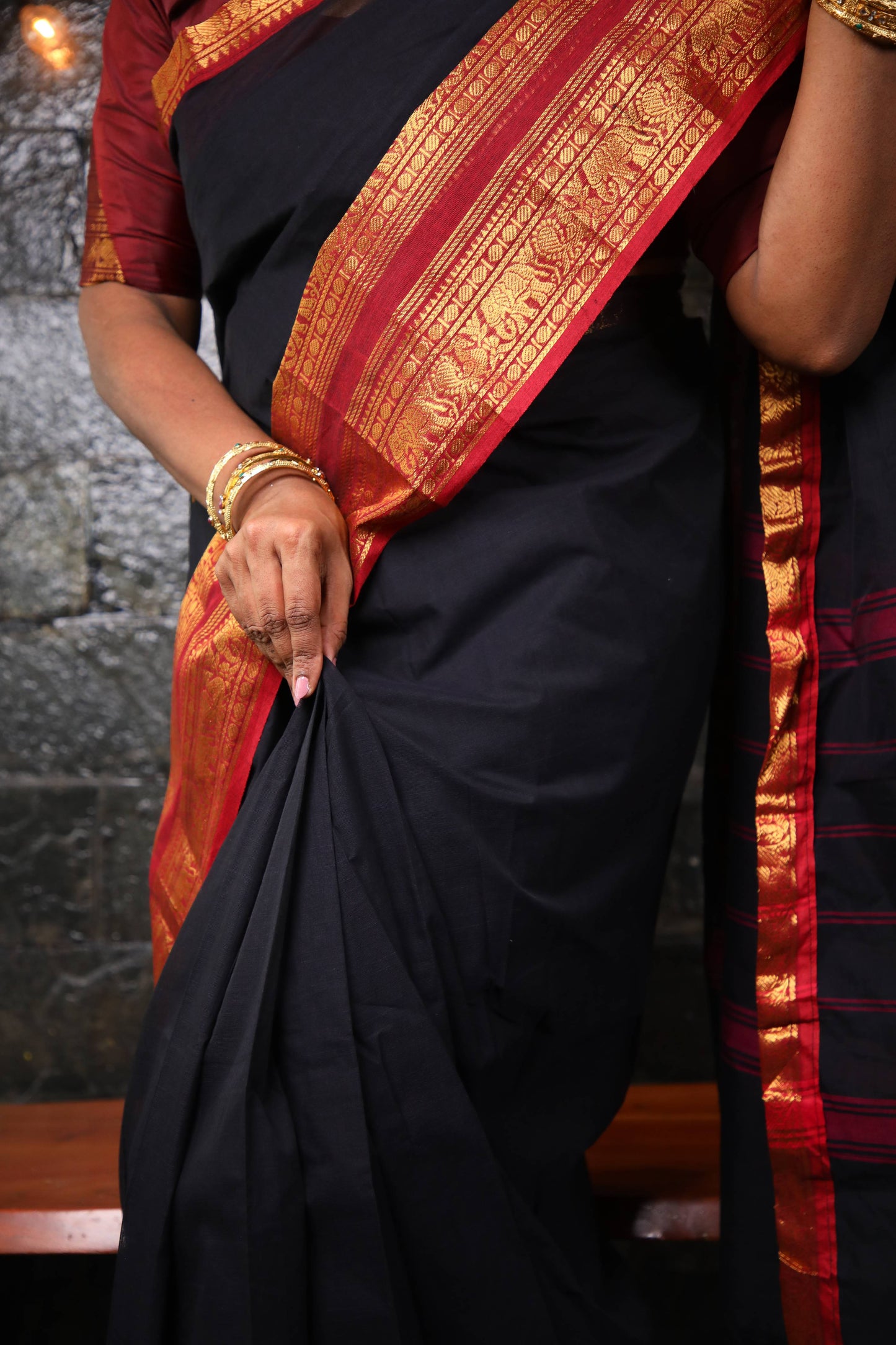 Varnam - 1 minute Ready-to-wear saree in Black color in Kanchi Cotton