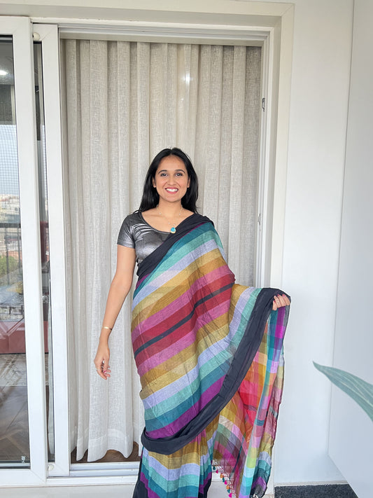 Aanchal - Saree (Unstitched) in Black with multicolor in Mul cotton fabric