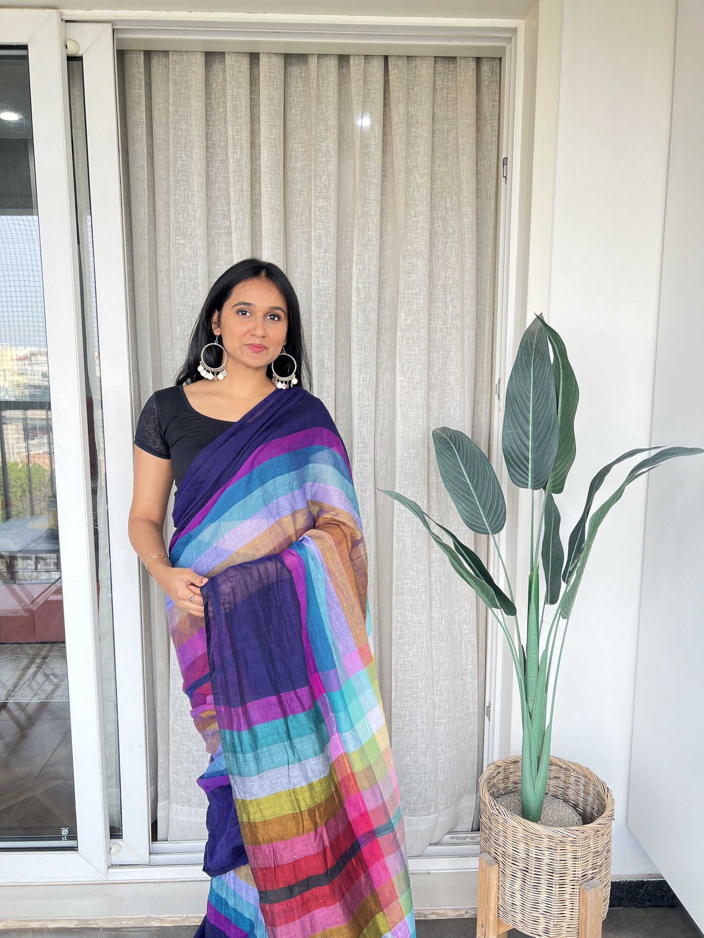 Aanchal - Saree (Unstitched) in Blue with multicolor in Mul cotton fabric