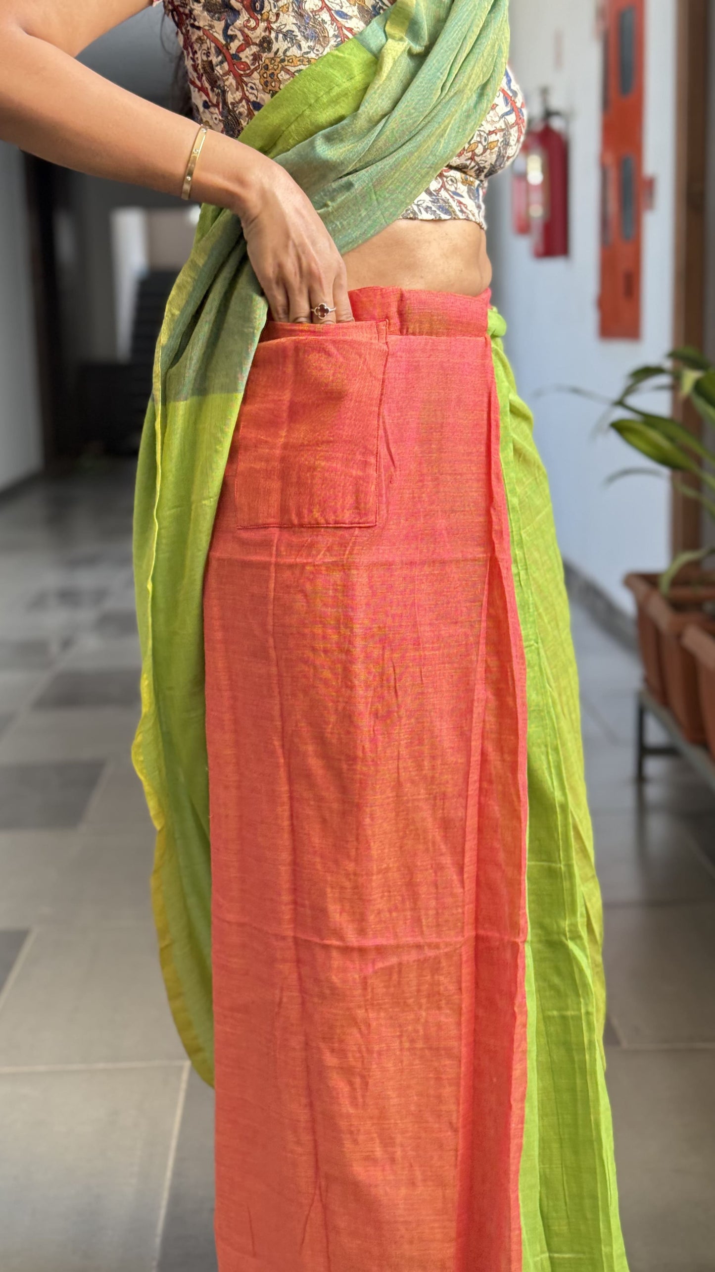 Aanchal - 1 minute Ready-to-wear saree in Forest hues in Khadi fabric