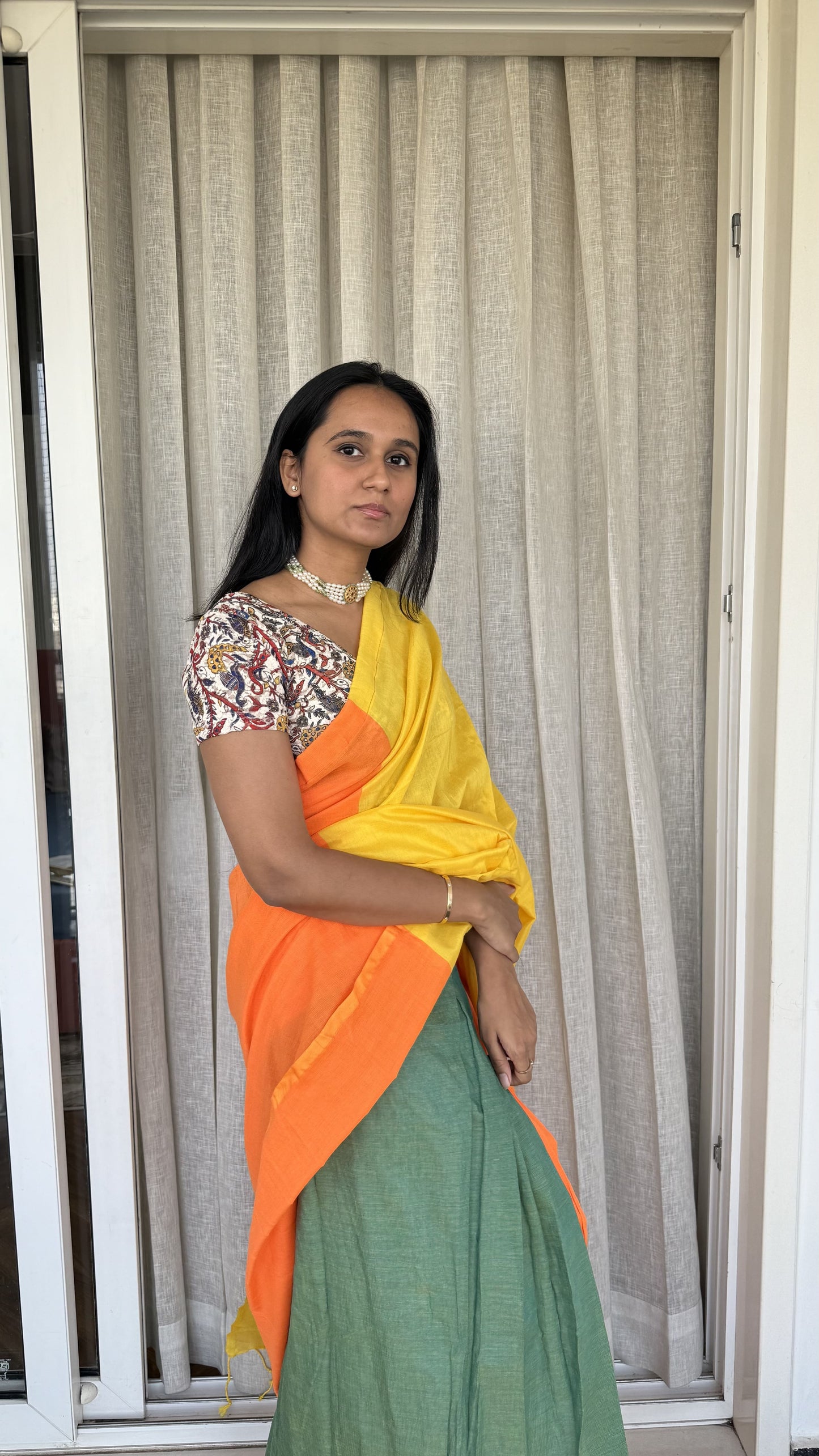 Aanchal - 1 minute Ready-to-wear saree in Marigold in Khadi fabric