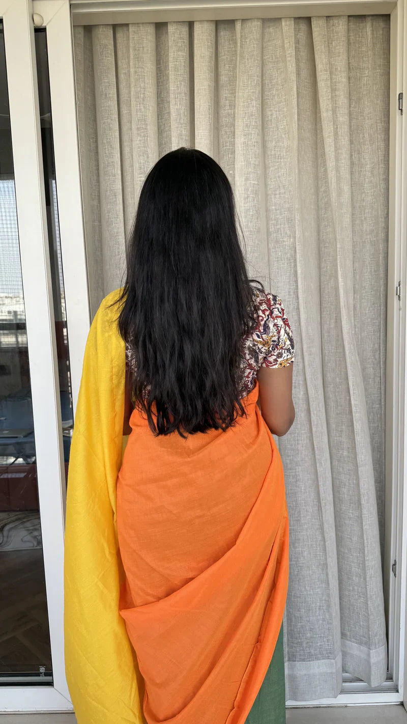 Aanchal - Saree (Unstitched) in Marigold in Khadi fabric