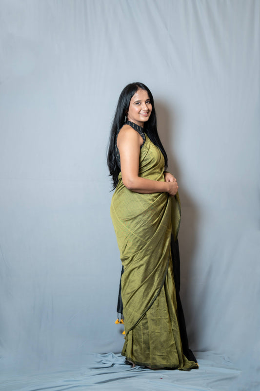 Aanchal - 1 minute Ready-to-wear Saree in mehndi-green with black in Khadi fabric