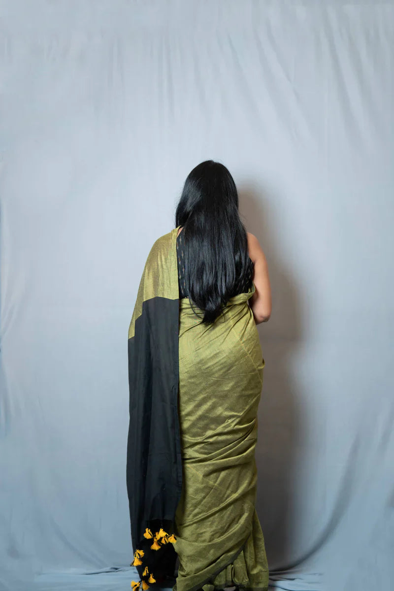 Aanchal - Saree (Unstitched) in Green with Black Khadi fabric