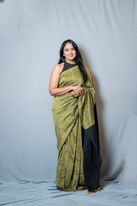 Aanchal - 1 minute Ready-to-wear Saree in mehndi-green with black in Khadi fabric