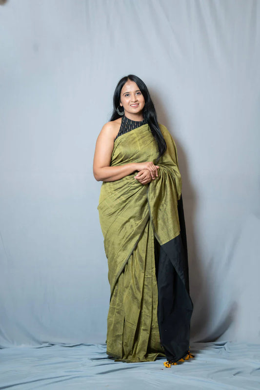Aanchal - Saree (Unstitched) in Green with Black Khadi fabric