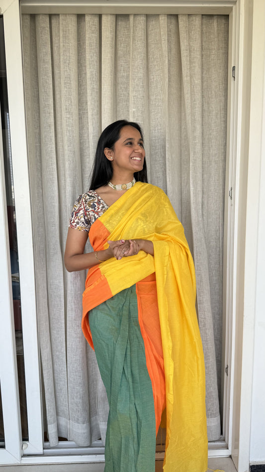 Aanchal - 1 minute Ready-to-wear saree in Marigold in Khadi fabric