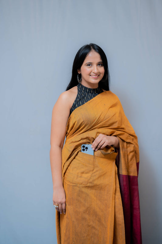 Aanchal - 1 minute Ready-to-wear saree in mustard with red in Khadi fabric