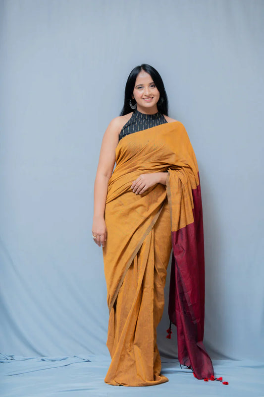 Aanchal - Saree (Unstitched) in Mustard with Red Khadi fabric