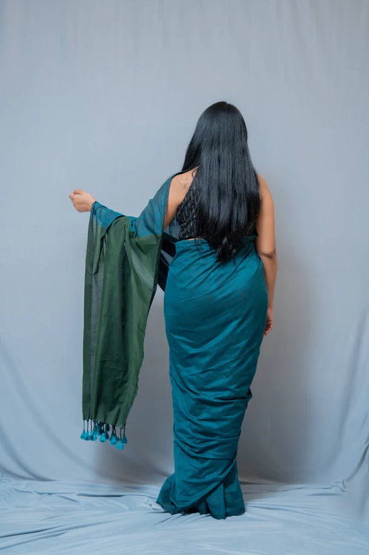 Aanchal - Saree (Unstitched) in Teal with Green Khadi fabric