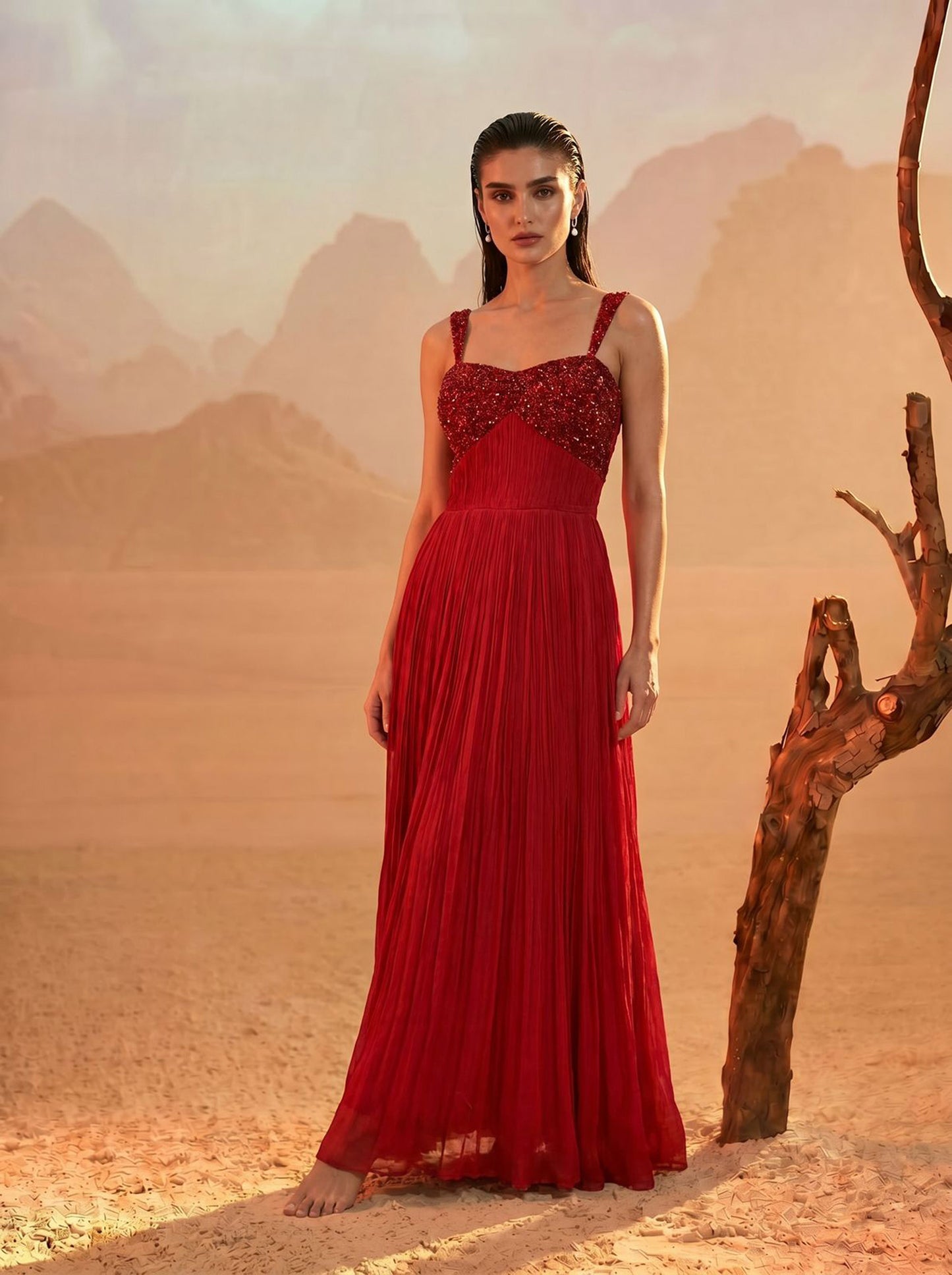 Red Pleated Pure Chinnon Party Wear Gown