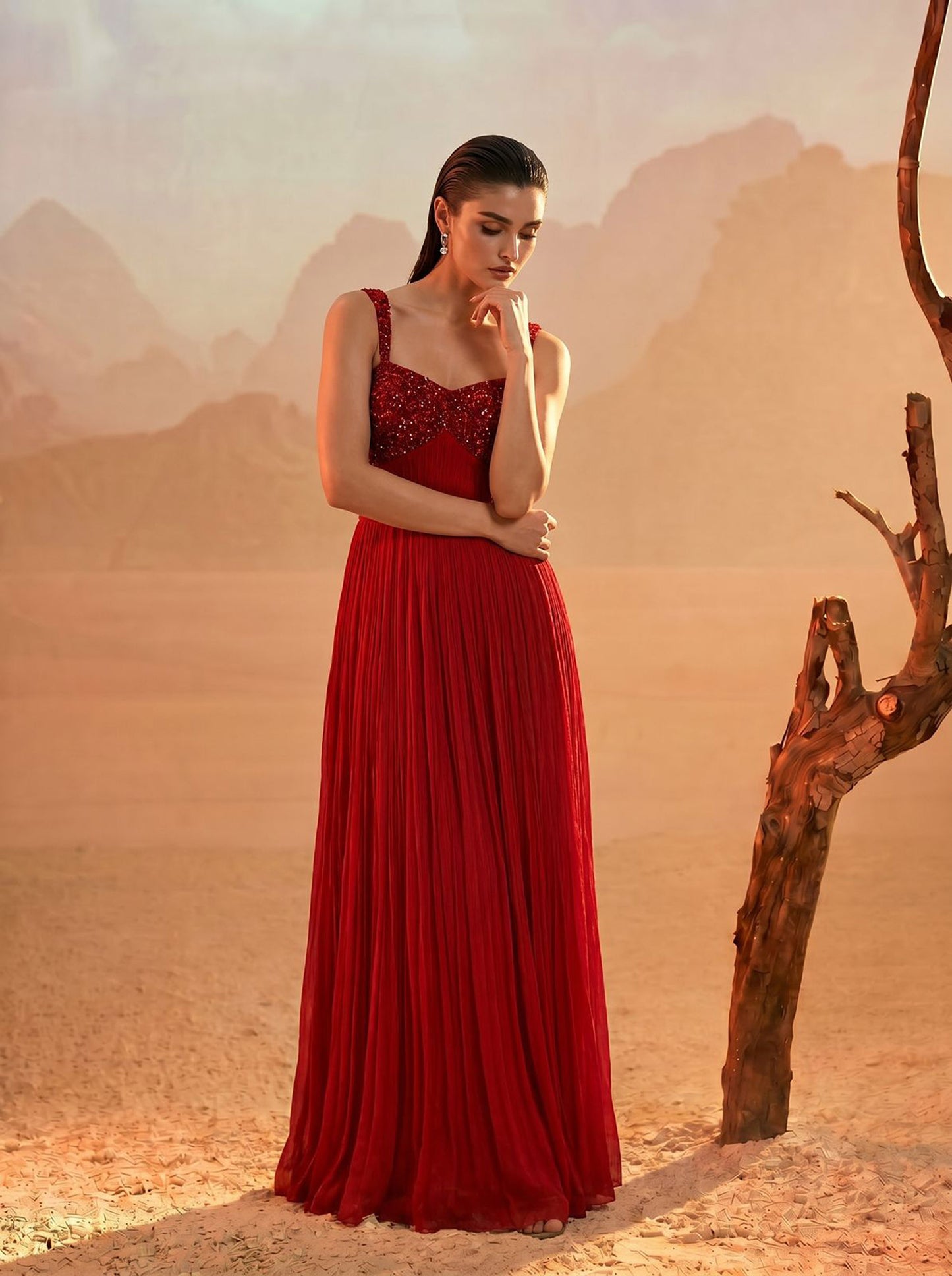 Red Pleated Pure Chinnon Party Wear Gown
