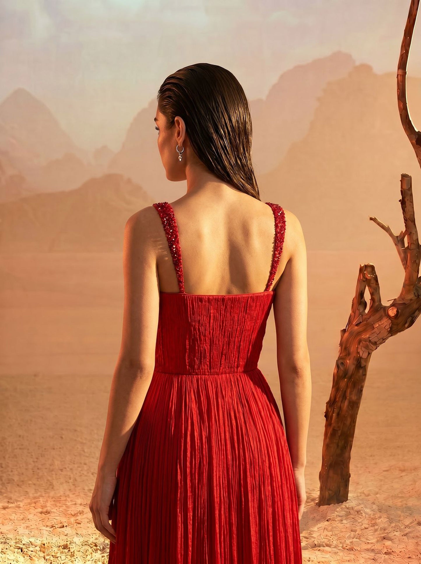 Red Pleated Pure Chinnon Party Wear Gown