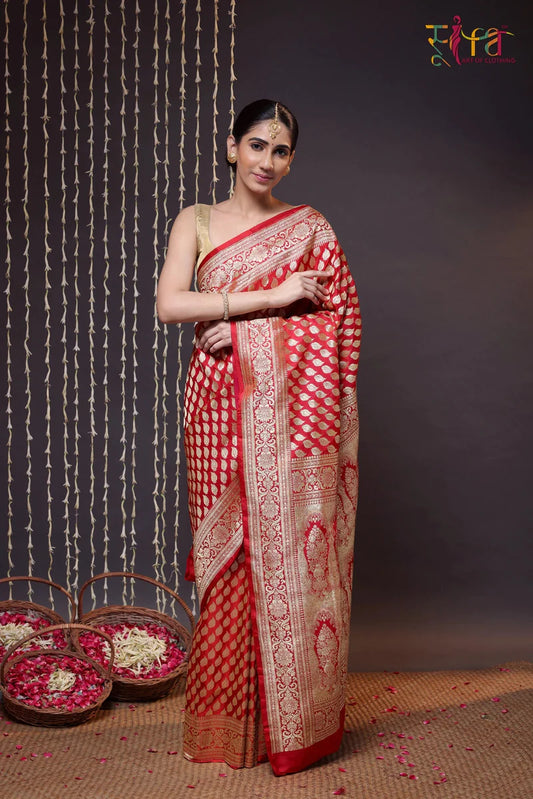 Handloom Red Pure Silk With Gold Zari Traditional Banarasi Saree