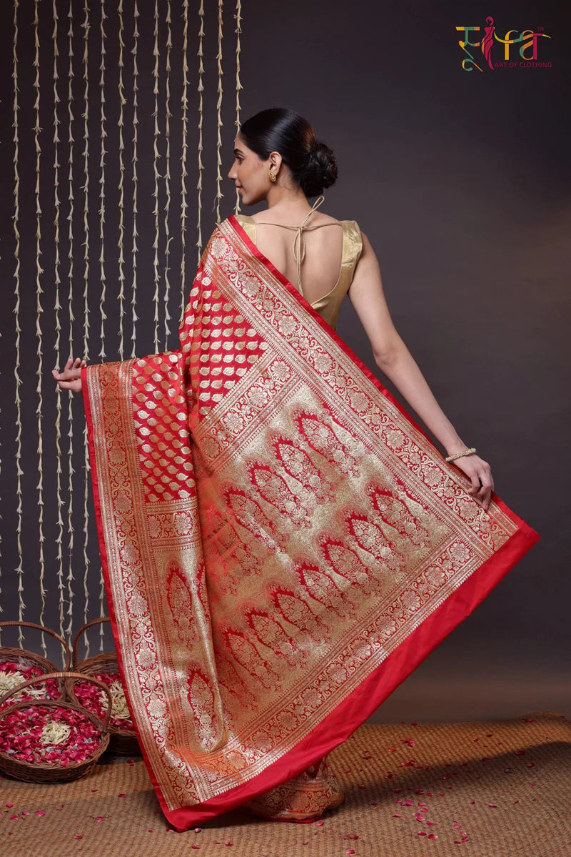 Handloom Red Pure Silk With Gold Zari Traditional Banarasi Saree