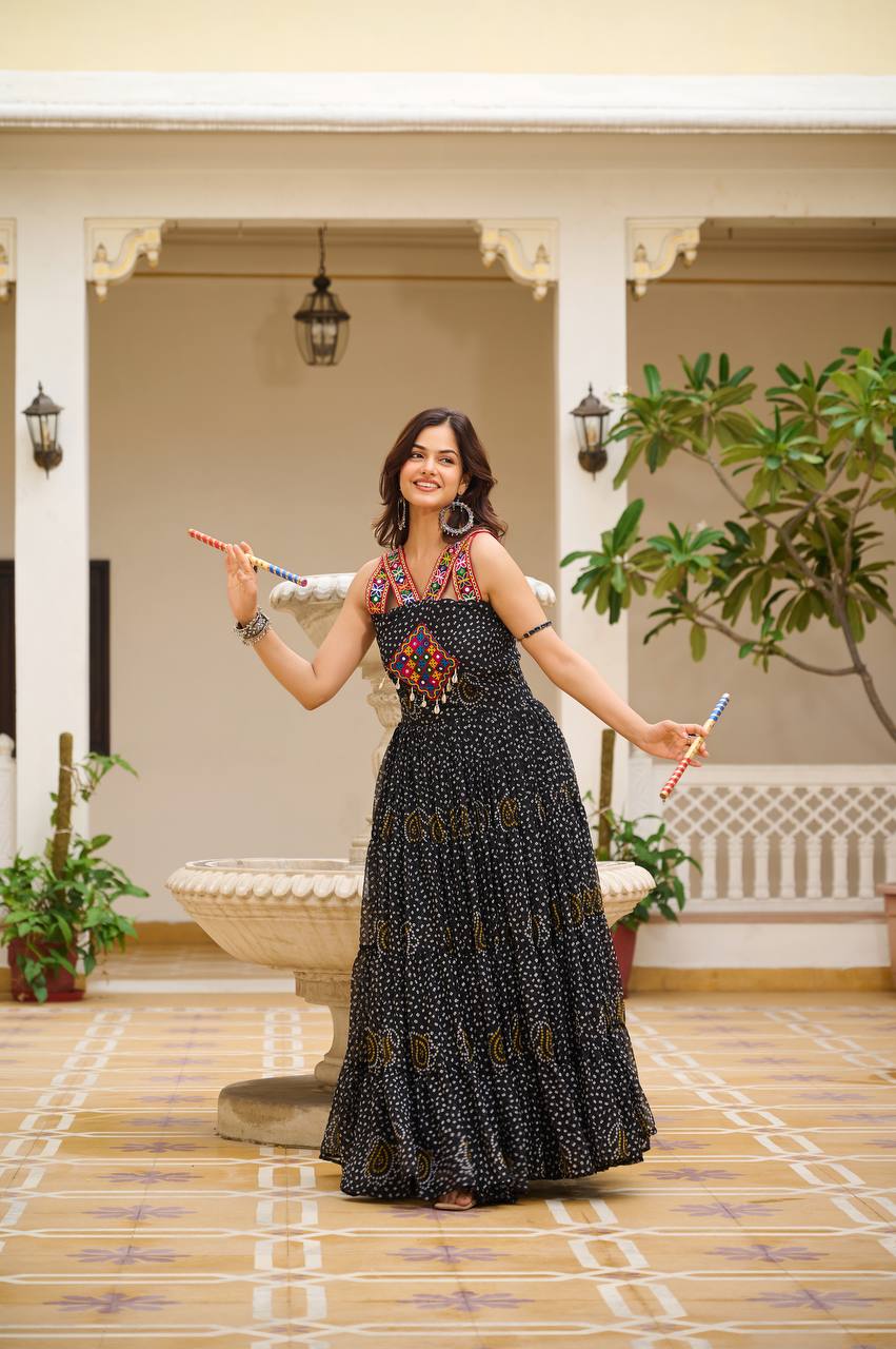 Black Gamthi Work Georgette Bandhani Print Navratri Gown
