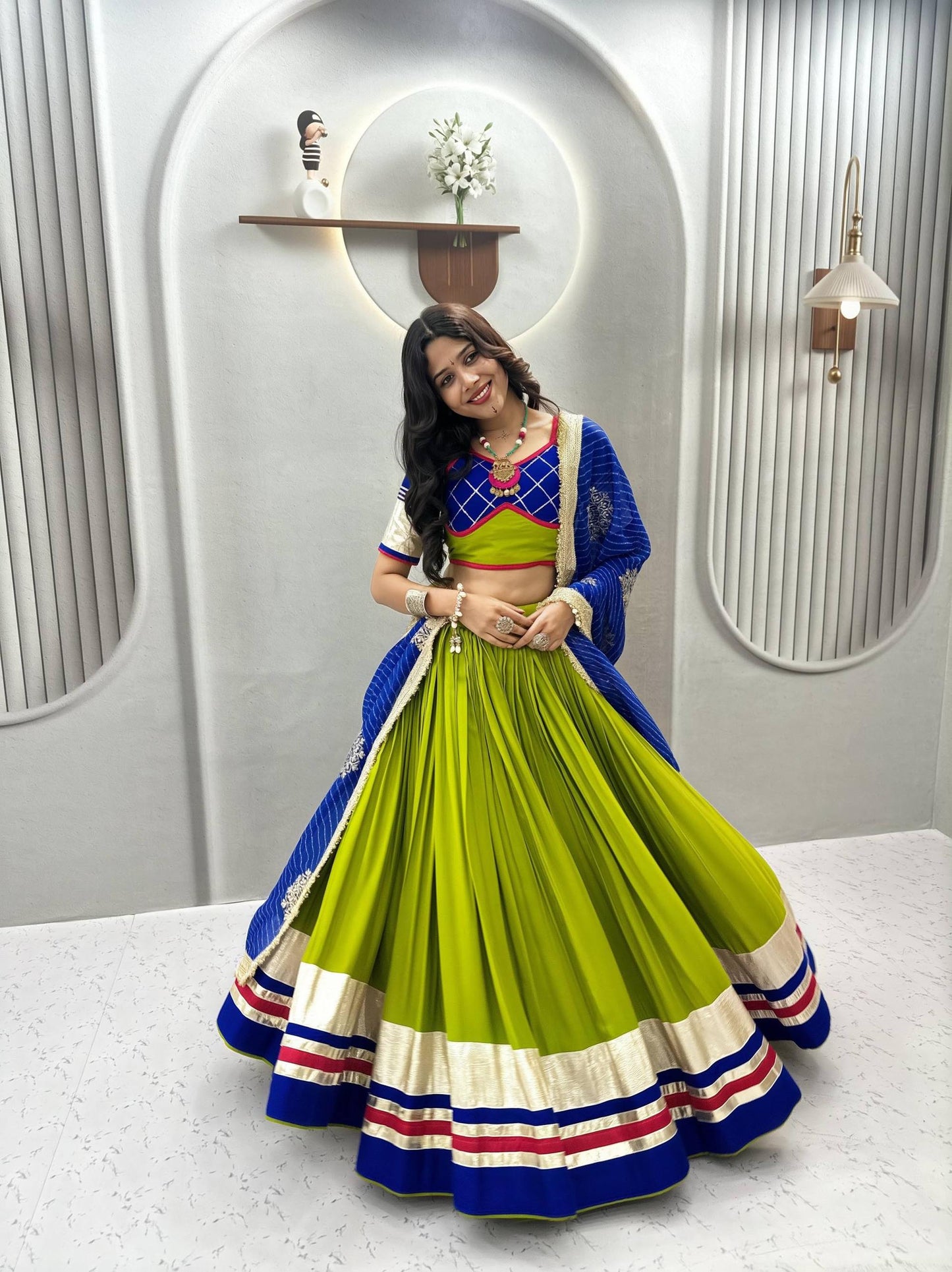 Blue And Lime Green Ribbon Work And Lampe Lace Cotton Navratri Lehenga Choli