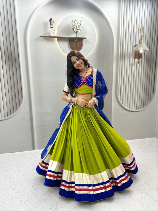 Blue And Lime Green Ribbon Work And Lampe Lace Cotton Navratri Lehenga Choli