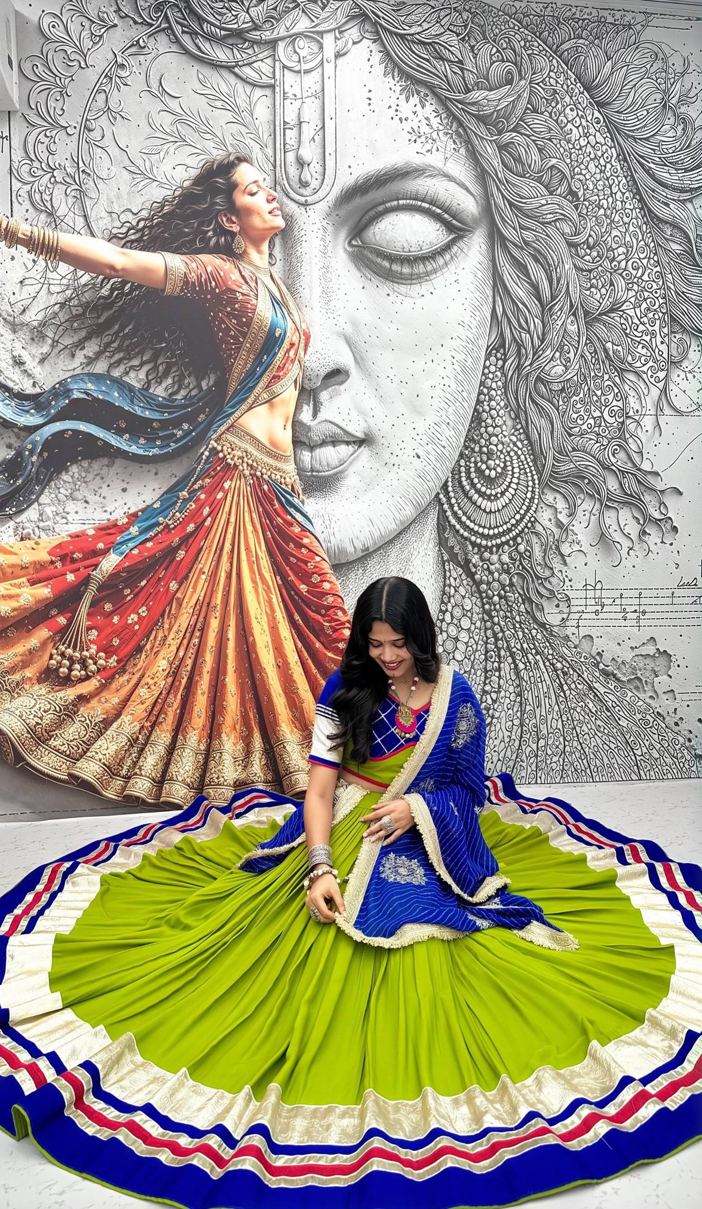 Blue And Lime Green Ribbon Work And Lampe Lace Cotton Navratri Lehenga Choli