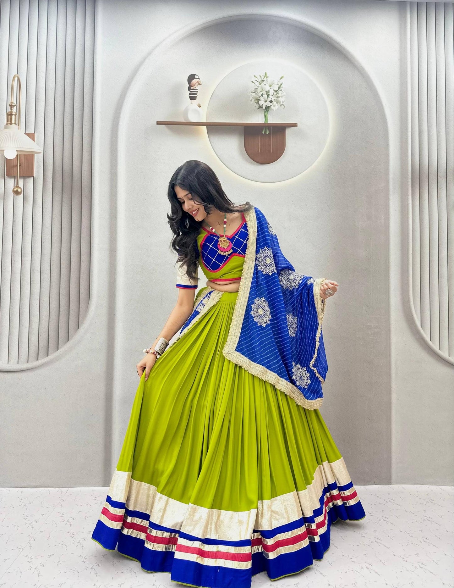 Blue And Lime Green Ribbon Work And Lampe Lace Cotton Navratri Lehenga Choli