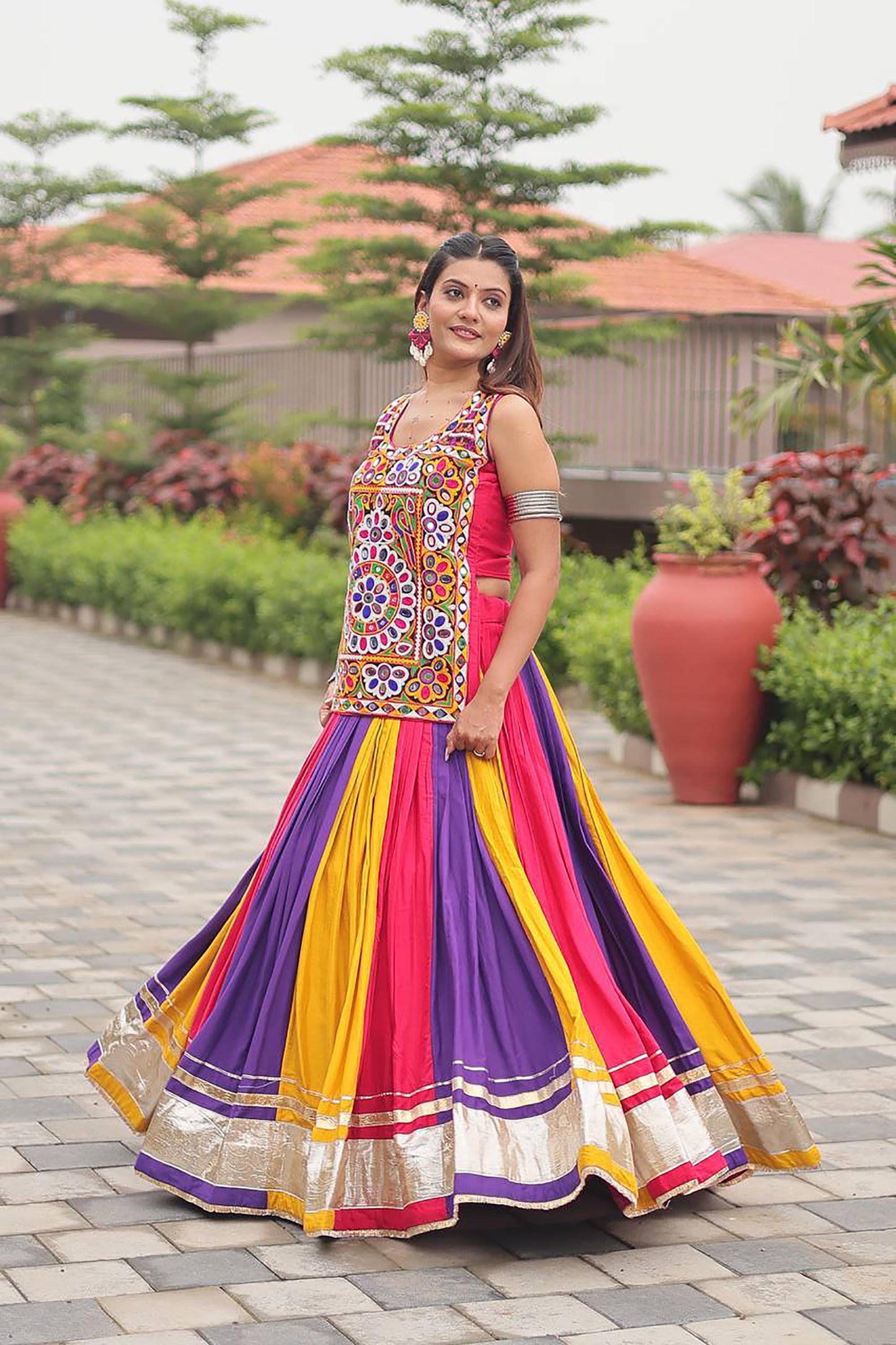 Multi Color Heavy Gamthi & Mirror Work Cotton Navratri Lehenga Choli