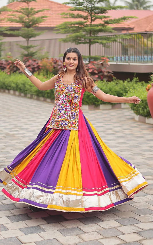 Multi Color Heavy Gamthi & Mirror Work Cotton Navratri Lehenga Choli