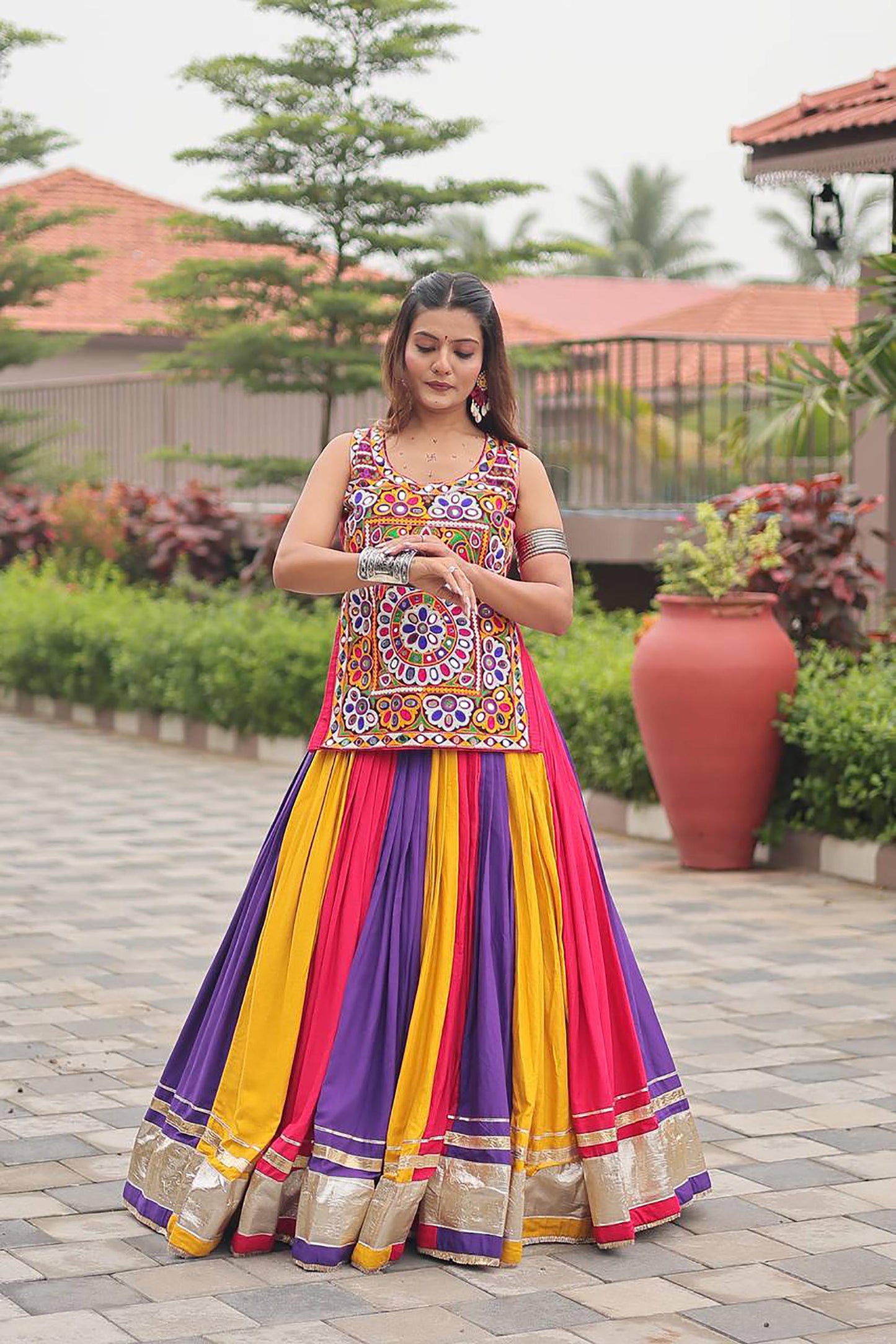 Multi Color Heavy Gamthi & Mirror Work Cotton Navratri Lehenga Choli