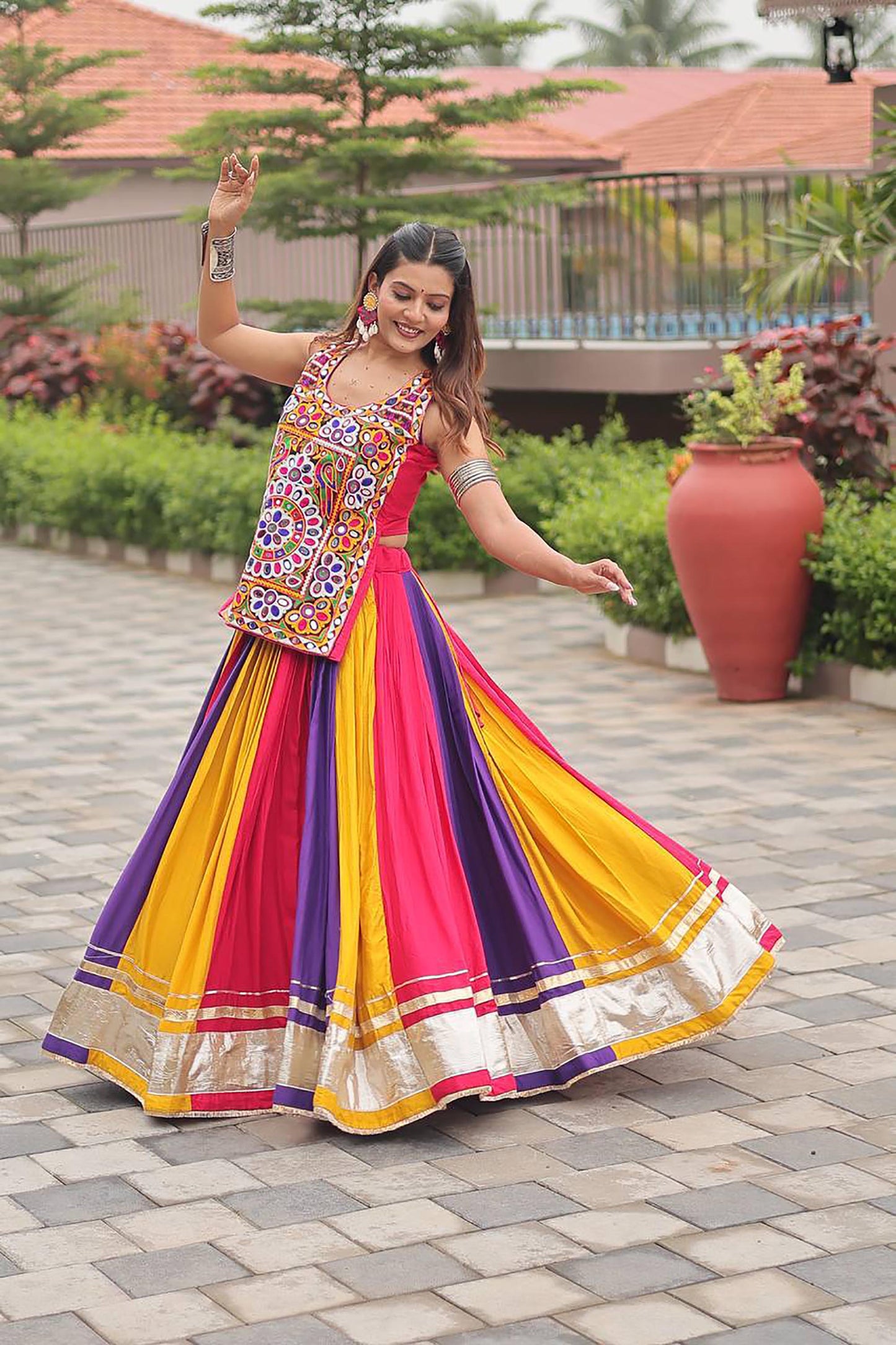 Multi Color Heavy Gamthi & Mirror Work Cotton Navratri Lehenga Choli