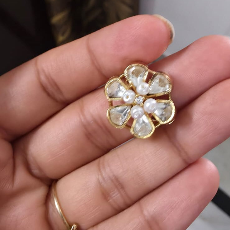 Zevar Club 18K Gold Plated Flower Adjustable Kundan Pearl Ring