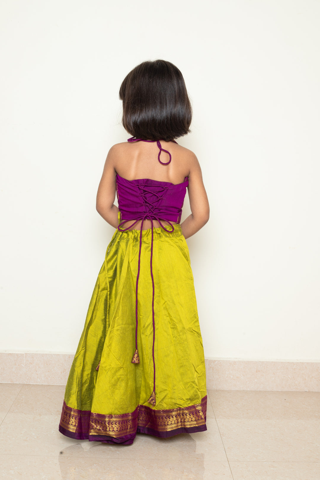 Avani - Skirt and Top in Green with purple zari