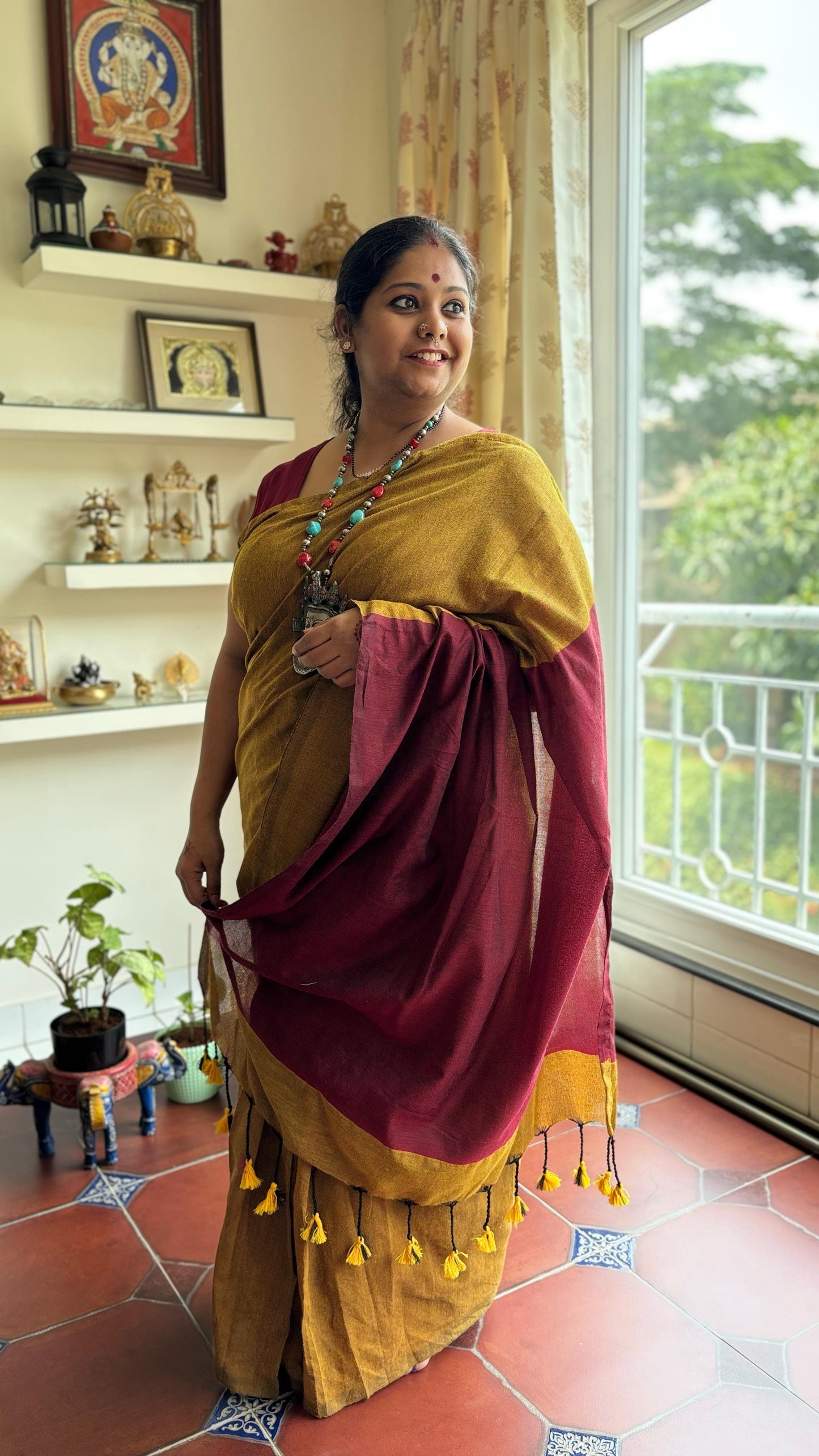 Aanchal - 1 minute Ready-to-wear saree in mustard with red in Khadi fabric