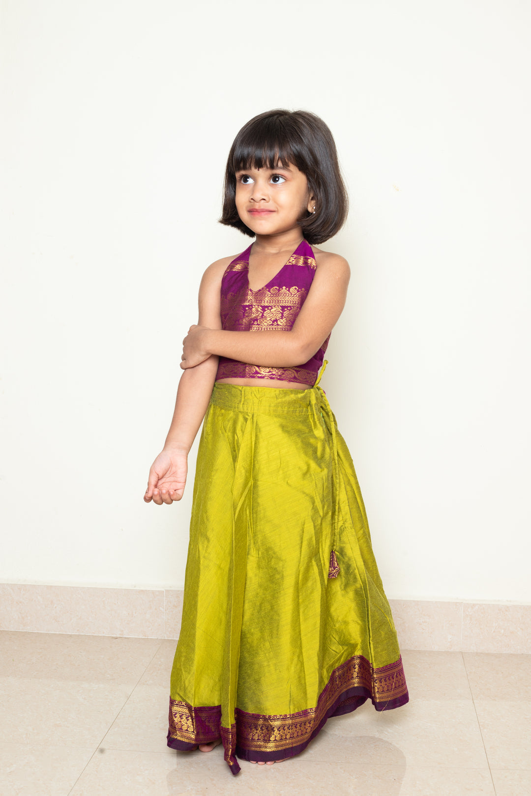 Avani - Skirt and Top in Green with purple zari