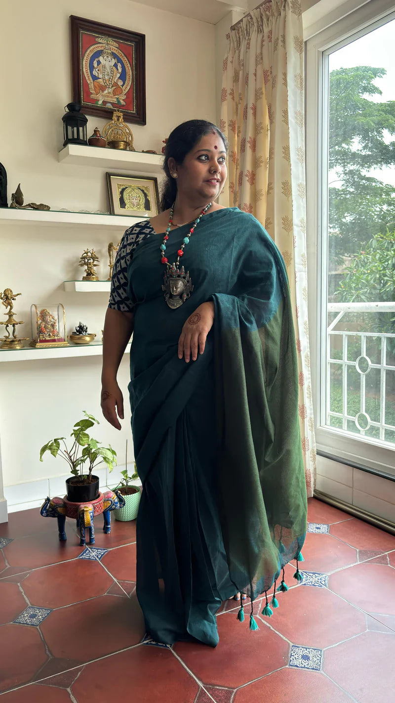 Aanchal - Saree (Unstitched) in Teal with Green Khadi fabric