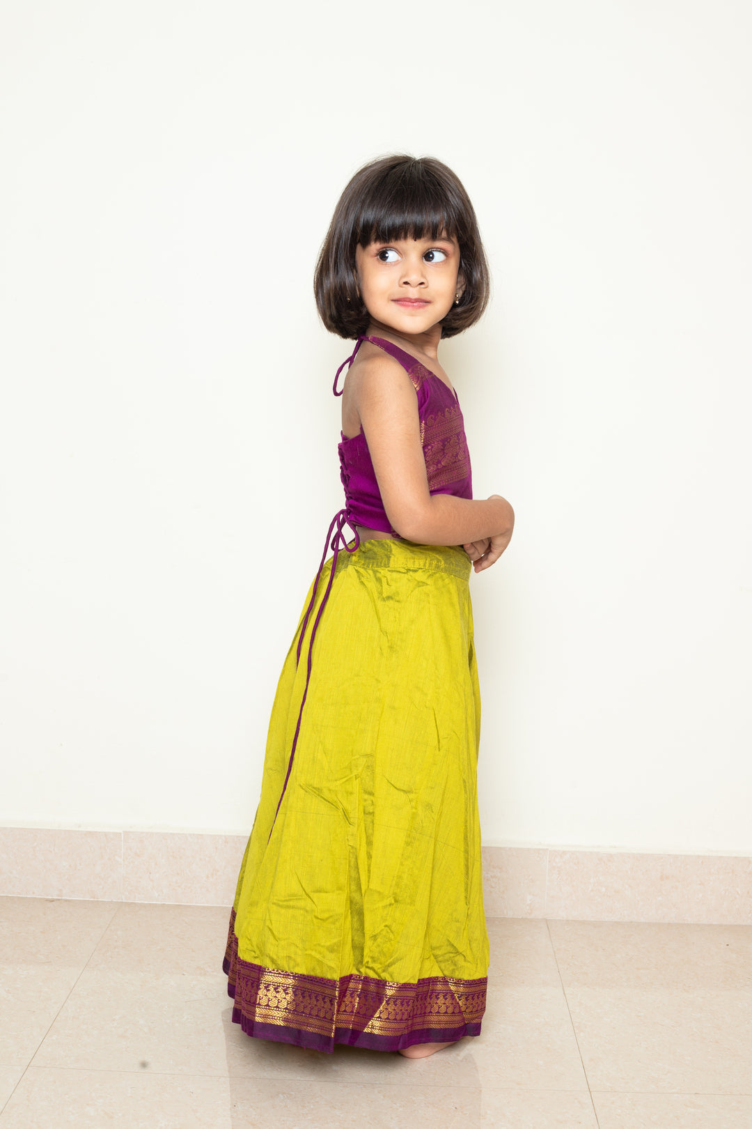 Avani - Skirt and Top in Green with purple zari