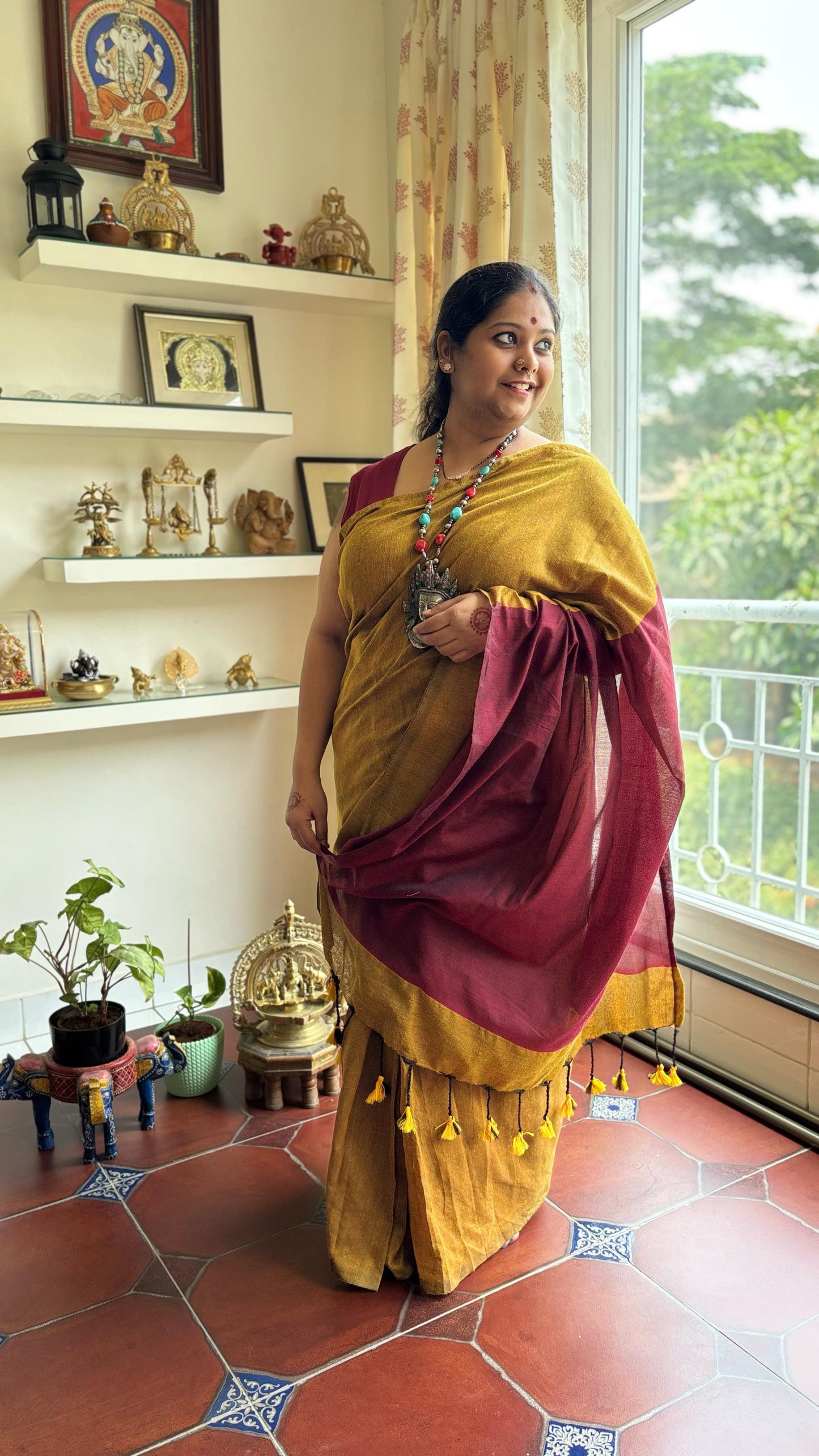 Aanchal - 1 minute Ready-to-wear saree in mustard with red in Khadi fabric