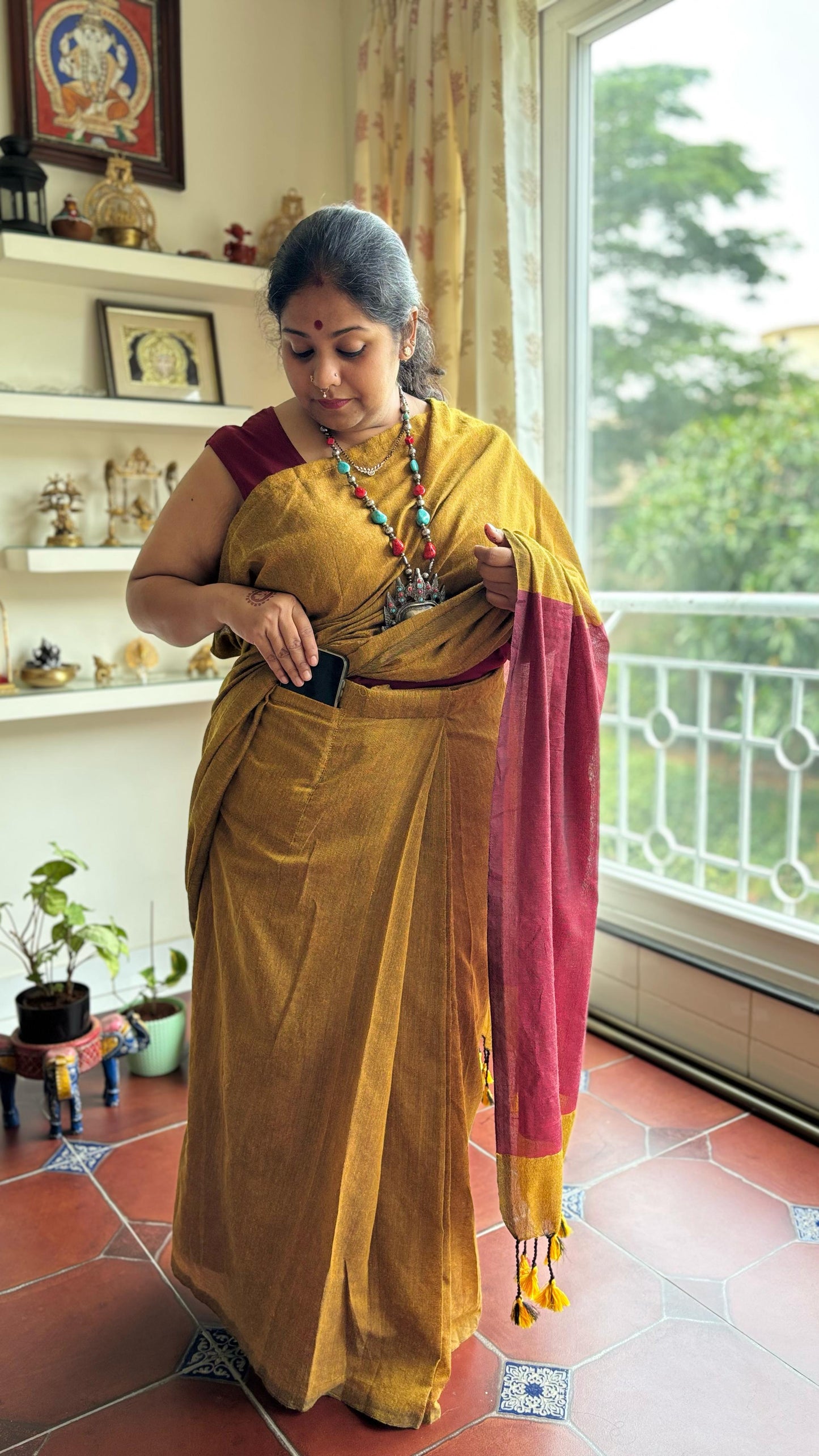 Aanchal - 1 minute Ready-to-wear saree in mustard with red in Khadi fabric