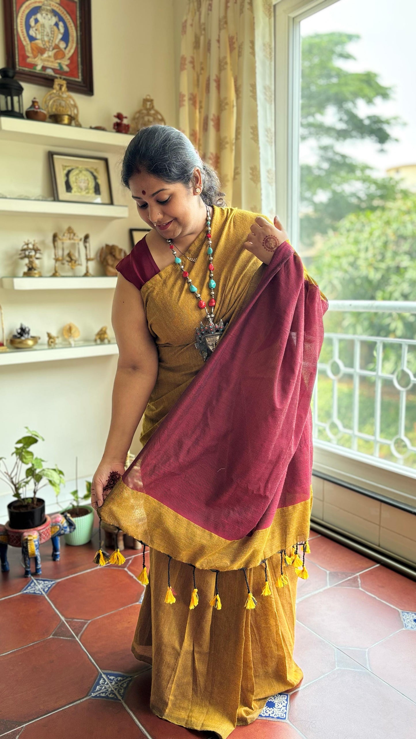 Aanchal - 1 minute Ready-to-wear saree in mustard with red in Khadi fabric