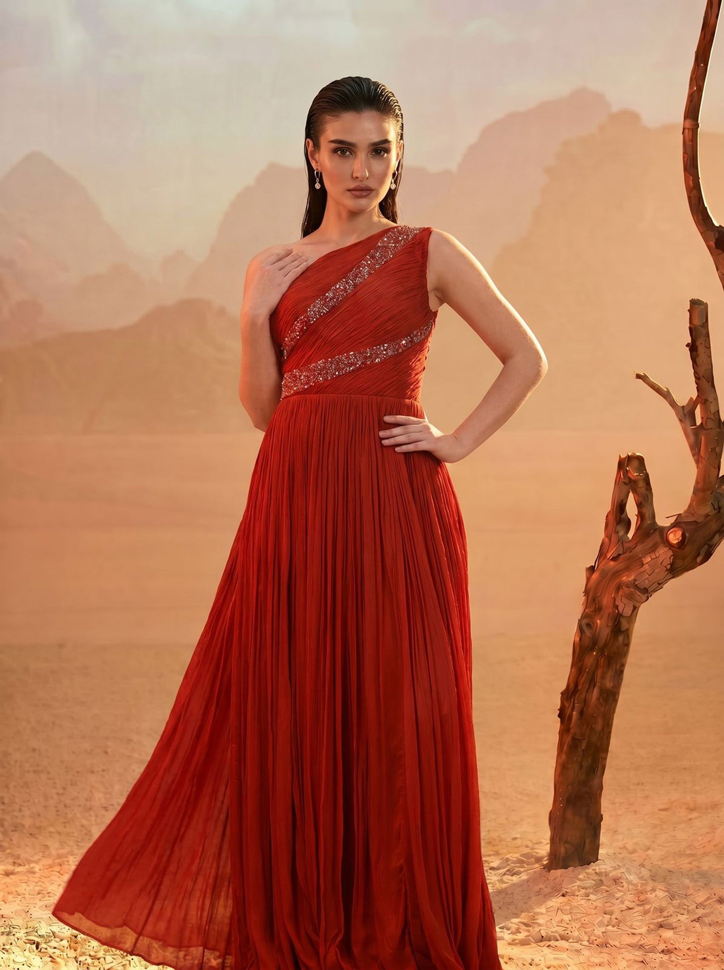 Rust Orange One-Shoulder  Pure Chinnon Party Wear  Pleated Gown