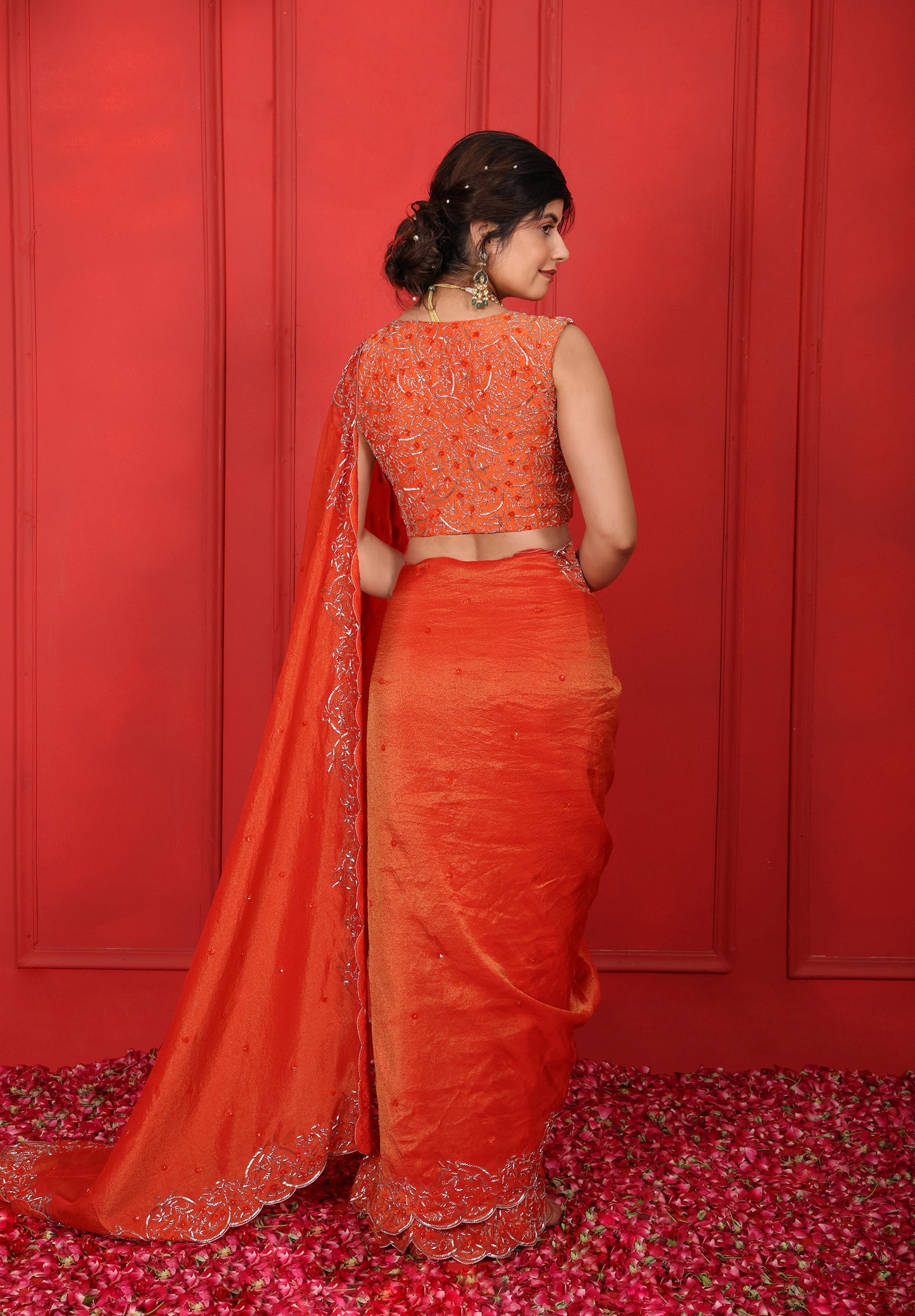 Shocking Orange Hand Embroidered V-Neckline Saree Set