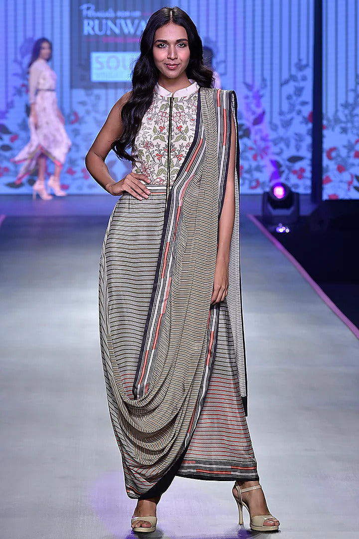 Ivory & Olive Green Crepe Drape Saree Gown